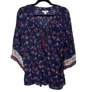 Westport Medium M Blue Floral 3/4 Sleeve Lace Up Neck Blouse Top Peasant Boho